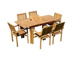 ASS Teak Set Gartengarnitur Gartenset Sitzgruppe Gartentisch Bigfuss 130-180x80 cm mit 6 Stapelsessel Miami aus Teakholz Gartenmöbelset Esstischgruppe Sessel stapelbar Ausziehtisch