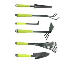 com-four® 6-teiliges Gartenset mit grünen Griffen - Doppelhäckchen, Fugenkratzer, Kleingrubber, Kleinbesen,Blumenkelle und Unkrautstecher (6-teilig Gartenset)