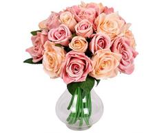 Famibay Rose Künstliche Blumen 18 Rosen 2 Blumensträuße für Hochzeit Seidenblumenstrauß(Champagner,Keine Vase)