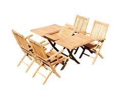 ASS Teak Set: Gartengarnitur Ausziehtisch 100-140 x 80 cm + 4 Klappsessel mit Armlehne Holz Serie JAV-Aves