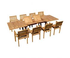 ASS Teak Set Gartengarnitur Gartenset Sitzgruppe Gartentisch Tobago 200-250-300x100 cm mit 8 Stapelsessel Miami aus Teakholz Gartenmöbelset Esstischgruppe Sessel stapelbar Ausziehtisch
