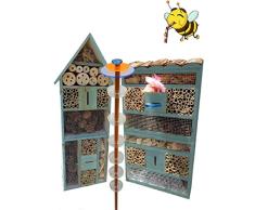 ÖLBAUM Nistkästen blau hellblau als Gartendeko-Stecker als funktionale Bienentränke + 2X BIENENHAUS Insektenhaus,XXL Bienenstock & Florfliegen Marienkäferhaus