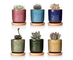 T4U 6.3cm Keramik Sukkulenten Töpfe Kaktus Pflanze Töpfe Mini Blumentöpfe EIS Crack Höher Serie 6 Farben Set mit Bambus Untersetzer