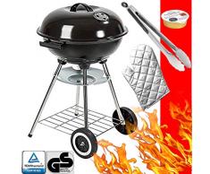 Grill-Holzkohle Kugelgrill Rundgrill groß mit Deckel Ø 44cm fahrbar Vierbein mit Aschebehälter inkl. Grillzange, Grillbesteck und Brennpaste (Kugelgrill Vierbein)