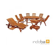 IND-70041-SFSE9SLSW Gartenmöbel Set Sun Flair, Garten Garnitur Sitzgruppe aus Holz - 9-teilig - ausziehbarer Tisch + 6 x Stuhl + Sonnenliege + Servierwagen