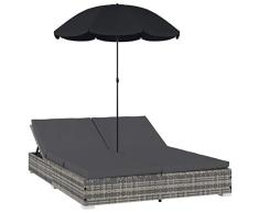 vidaXL Sonnenliege mit Sonnenschirm Doppelliege Gartenliege Relaxliege Liege Liegestuhl Gartenmöbel Rattanmöbel Sonnenbett Poly Rattan Grau