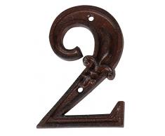 Esschert Design Hausnummer 2, mit Lilien Muster aus Gusseisen in antikbraun, patiniert, ca. 8 cm x 12 cm