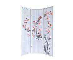Homestyle4u 3 fach Paravent Raumteiler - Holz Trennwand Shoji in weiß mit Kirschblüten - Muster