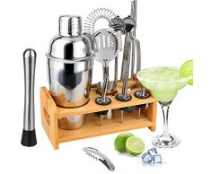 Tuevob Cocktailshaker 13 Teiliges Cocktail Bar Set Edelstahl mit Bambus Ständer，Bartending Kit Barkeeper Werkzeuge Boston Barware Barsieb-Set Perfektes Zuhause Küche Geschenk