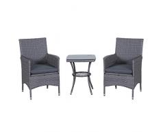 Outsunny Gartensitzgruppe mit Beistelltisch, 3-TLG. Rattan Gartenset, Sitzgarnitur mit Sitzkissen, Polyrattan + Stahl, Grau 60 x 58,5 x 89,5 cm