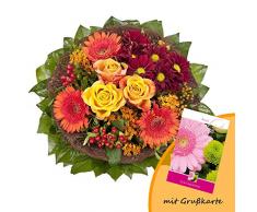 Dominik Blumen und Pflanzen, Blumenstrauß Füllhorn mit orangen Rosen und Germini und Grußkarte Geburtstag