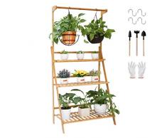 medla Blumenregal Pflanzentreppe aus Bambus für mehr Pflanzen und Blumenampel, Blumenständer Klappbar für Innen-Balkon Wohzimmer Outdoor Garten Dekor, ca.70 x 40 x 96cm, Braun