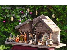BRAUN Weihnachtskrippe-Krippenstall, Ölbaum Krippe KS70du-MF-SKR- XXL Holz-Weihnachtskrippe-Krippenstall, mit GRANITBRUNNENWassergrand + PREMIUM-DEKOSETKrippenstall, Massivholz DUNKELBRAUN