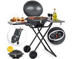 Kesser® elektrischer Elektrogrill 2in1 Tischgrill - Standgrill mit Deckel und Standfuß | max. 2400 Watt | Faltbar | Thermometer | Antihaftbeschichtung | Grillplatte Abstelltische | 2 Räder | Schwarz