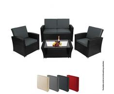 BB Sport 12-teilige Polyrattan Sitzgruppe 4 Personen 5 cm Sitzpolster Tisch Balkonmöbel Set Sitzgarnitur Schwarz, Farbe:Titan-Schwarz/Nachtschwärmergrau