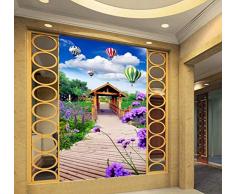 Wandbilder Fototapete Holzbrücke Lavendel Holzpavillon 3D Stereo Eingang Wandbild Wohnzimmer Restaurant Tapete-450X300Cm,wallpaper