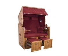 2-Sitzer Strandkorb Hörnum - Volllieger mit Fußablagen – inkl. Nackenkissen und Kuschelkissen Set - (Geflecht - Natur, Rot - Uni)