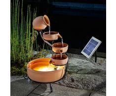Solar Kaskadenbrunnen Terrakotta mit Akkuspeicher und LED Licht - großes 2 Watt Solarmodul - verschleißarme Pumpe - Springbrunnen Gartenbrunnen Solarbrunnen - Größe ca. 31 x 31 x 55 cm, esotec 101304
