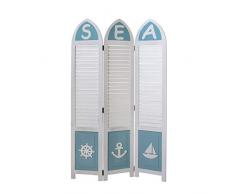 Homestyle4u 1823, Paravent Raumteiler 3 teilig, Kiefer Holz, Maritim Weiß Blau