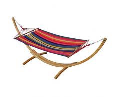 ASS 350cm Hängemattengestell Natur - Rojo Hängematte mit Gestell aus Holz Lärche Natur mit bunter Stabhängematte JETZT mit roten Seilen