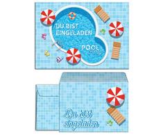 10-er Set Einladungskarten, Umschläge, Tüten, Aufkleber zum Kindergeburtstag Schwimmbad / Pool Party / bunte Einladungen (10 Karten + 10 Umschläge + 10 Party-Tüten (Kreuzbodenbeutel) + 10 Aufkleber)