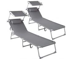 TecTake 800773-2er Set Sonnenliege mit Dach, klappbare Strandliege, Gartenliege mit Kissen, Sonnendach verstellbar, Liegestuhl mit Verstellbarer Rückenlehne - Diverse Farben - (Grau | Nr. 403414)