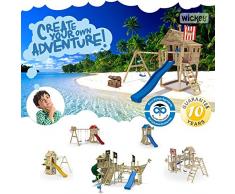 WICKEY Spielturm FreeFlyer Kletterturm mit Rutsche Schaukel Sandkasten Kletterwand Sandkasten, Blaue Dachplane + Blaue Rutsche
