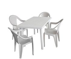 Multistore 2002 5tlg. Gartenmöbel Set Gartentisch Velo, 125x75cm, 4X Stapelstuhl Ischia - Vollkunststoff, Weiß - Campingmöbel Balkonmöbel Sitzgarnitur Terrassenmöbel Gartengarnitur