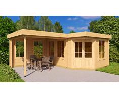 Alpholz 5-Eck Gartenhaus Pepe-28 aus Massiv-Holz | Gerätehaus mit 28 mm Wandstärke | Garten Holzhaus inklusive Montagematerial | Geräteschuppen Größe: 442 x 302 cm + 300 cm | Flachdach