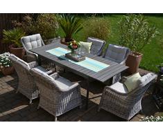 bomey Rattan Lounge Set I Gartenmöbel Set Como 6-Teilig I Essgarnitur mit Polstern I Sitzgruppe Grau + Tisch Ausziehbar + Polster Grau/Beige I Dining Lounge für Terrasse + Wintergarten
