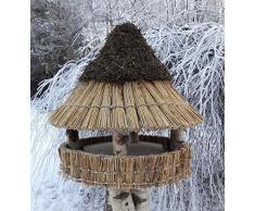 Vogelfutterhaus mit Reetdach und Heidekappe, Heidehütte klein