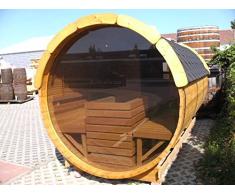 JUNIT SFF19352 Ø 1,9 m, L 3,5 m, Saunafass aus Fichte mit Panorama - Glaswand, 1m Vorraum ohne Terrasse für 6 Personen
