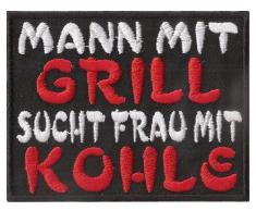 MANN mit GRILL, sucht FRAU mit KOHLE, Barbecue Latzschürze Aufnäher