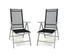 Nexos SC00060_SL2_JM 2er Set Klappstuhl schwarz Aluminium 7-Fach-verstellbar Gartenstuhl mit Armlehne witterungsbeständig stabil leicht Hochlehner Rahmen Silber Terrasse Balkon