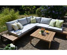 bomey Aluminium Lounge Set I Gartenmöbel Set Orlando 2-Teilig I Edelstahlbeschichtete Essgarnitur I Sitzgruppe im Teak Holzdekor + Tisch + Polster I Dining Lounge für Terrasse + Wintergarten