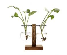belupai Hydrokultur-Pflanzvase, Retro-Blumentopf, transparente Vase mit Holzrahmen, Tischpflanzglas für Zuhause, Bonsai, Deko, C-Vase mit 2 Lampen, 11.5 x 13.5cm