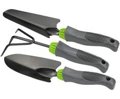com-four® 3-teiliges Gartenset bestehend aus Blumenkelle, Blumenrechen und Pflanzenkelle mit grau-grünem Griff [Auswahl variiert] (03-teiliges Gartenset grau/grün mit Beutel)