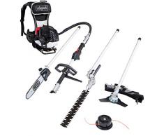 Scheppach 5904805903 Backpacker 4 in 1 = Motorsense, Rasentrimmer, Heckenschere, Hochentaster | Benzin Multitool mit 2 Taktmotor und 51,7 cm³ auf „Rucksack“ | 1,3 kW (1,8 PS), 16,5 kg