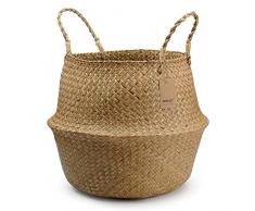 DOKOT Naturkorb Seegras Ablagekorb Blumentopf Gewebt Wäschekorb Mit Griff, Faltbarer Bauchkorb Spielzeug Lagerung (27 x 24cm)