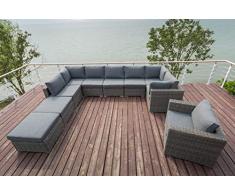 OUTFLEXX Loungemöbel-Set, grau aus Polyrattan-Geflecht, 10 Personen, mit Sessel, verstellbare Sitzflächen, wasserfeste Kissenbox