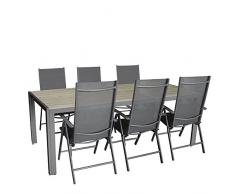 Multistore 2002 7tlg. Gartengarnitur, Aluminium Gartentisch mit Polywood-Tischplatte 205x90cm + 6X Aluminium-Hochlehner mit Textilenbespannung, 7-Fach verstellbar, klappbar, anthrazit