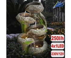 AMUR GARTENBRUNNEN BRUNNEN BAUMSTUMPF & STEINSCHALEN mit LED-Licht 230V ZIERBRUNNEN VOGELBAD Wasserfall GARTENLEUCHTE SPRINGBRUNNEN - WASSERSPIEL für Garten, Terrasse, Balkon