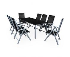 Deuba Sitzgruppe Bern 8+1 Aluminium 7-Fach verstellbare Hochlehner Stühle Tisch mit Sicherheitsglas Silber Garten Set