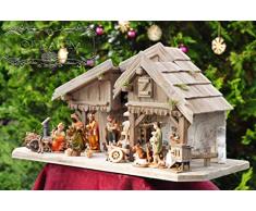 ANTIK-Weihnachtskrippe-Krippenstall, Ölbaum KS70gg-MF-SKR- XXL Holz-Weihnachtskrippe-Krippenstall, mit GRANITBRUNNENWassergrand + PREMIUM-DEKOSETKrippenstall, Massivholz GEBEIZT