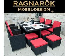 Ragnarök-Möbeldesign RAGNARÖK PolyRattan - DEUTSCHE Marke - EIGENE Produktion - 8 Jahre GARANTIE auf UV-Beständigkeit Gartenmöbel schwarz Essgruppe Tisch 6 Stuhl Hocker Polster Rostfrei Aluminium