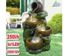 AMUR Gartenbrunnen Brunnen Zierbrunnen Zimmerbrunnen Brunnen 4-Tonkrüge im Baumfels mit LED-Licht 230V Wasserfall Wasserspiel für Garten, Gartenteich, Terrasse, Teich, Balkon Sehr Dekorativ