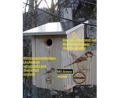 Premium Natur Lärchenholz Nistkasten unbehandelt nach Nabu Kohlmeise 32mm Einflugloch, massives Vogelhaus Nisthilfe wetterfest 18mm stark verschraubt, mit Befestigungsmaterial