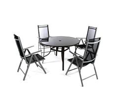 Nexos 5-teiliges Gartenmöbel-Set – Gartengarnitur Sitzgruppe Sitzgarnitur aus Klapplstühlen & Esstisch rund – Aluminium Kunststoff Glas – braun/schwarz