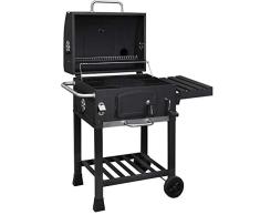 SONGMICS Grillwagen, Holzkohlegrill, Gartengrill, Grill mit Grillrost aus Gusseisen, höhenverstellbares Kohlebehältnis mit Kurbel und Tür, mit Griff und Rädern, schwarz GBQ56BK