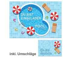 8-er Set Einladungskarten, Umschläge, Tüten, Aufkleber zum Kindergeburtstag Schwimmbad Party / Pool Party / bunte Einladungen (8 Karten + 8 Umschläge + 8 Tüten (Kreuzbodenbeutel) + 8 Aufkleber)